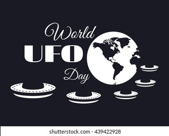 World UFO Day, planet and spaceship. Flying saucer. Vector illustration.