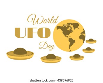 World UFO Day, planet and spaceship. Flying saucer. Vector illustration.