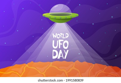 World UFO Day postcard. Colorful poster with star ship in space