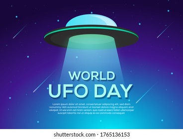 world UFO day poster, ufo flying in space illustration vector