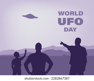 World ufo Day poster.Vector illustration with a flying ufo in sky and silhouettes of people.Ufo is flying.Group of people looking at lights in the night sky.