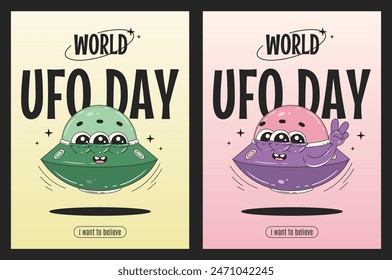 World UFO day retro poster. Funny alien spaceship character in trendy groovy 60s-70s cartoon style.