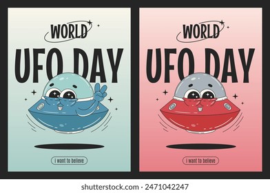 World UFO day retro poster. Funny flying saucer character in trendy groovy 60s-70s cartoon style.