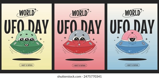 World UFO day retro posters. Set of funny flying saucer in trendy retro 60s-70s style.Vector illustration.