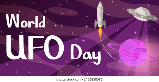 World UFO day. A UFO and a rocket are flying over the red planet in space. Space background. World UFO day poster.