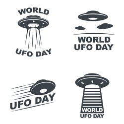 World UFO Day. Set Of Four Emblems On White Background. Vector EPS10.