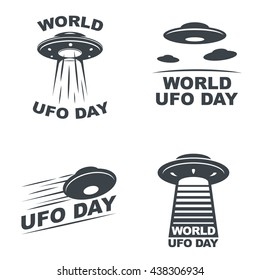 World UFO Day. Set of four emblems on white background. Vector EPS10.