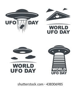 World UFO Day. Set of four emblems on white background. Vector EPS10.