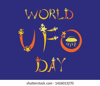 World UFO Day. Spaceship flying in the night sky. Alien invasion, unidentified vessel. Science and technology. Space travel. vector illustration.