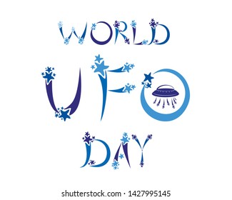 World UFO Day. Spaceship flying in the night sky. Alien invasion, unidentified vessel. Science and technology. Space travel. Vector illustration.