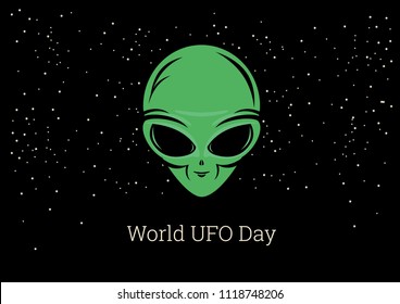 World UFO Day vector. Alien cartoon character. Alien on a starry background. The face of a green alien. Important day