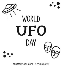 World UFO day vector banner with doodle elements on the white background. Isolated hand drawn objects for holiday design