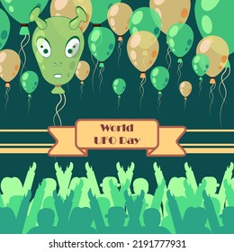 World UFO Day. Vector cover for a card or a gift with balloons in the form of aliens and a cheering crowd of people with holiday ribbons. Stylish inscription on a postcard dedicated to alien. 