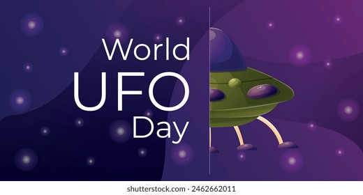 World UFO Day. Vector horizontal cartoon holiday banner with cartoon illustration of a flying saucer in space.