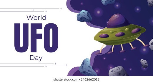 World UFO Day. Vector horizontal cartoon holiday banner with cartoon illustration of a flying saucer in space.