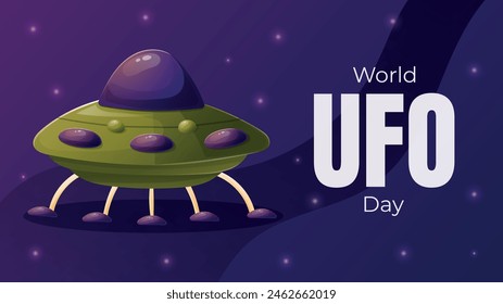 World UFO Day. Vector horizontal cartoon holiday banner with cartoon illustration of a flying saucer in space.