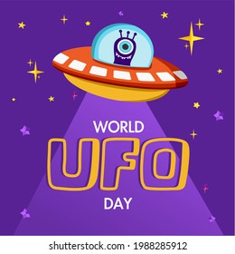 World Ufo Day. Vector illustration of a ufo plane, a flying saucer, with an alien on board. You can apply it to a poster template or banner.