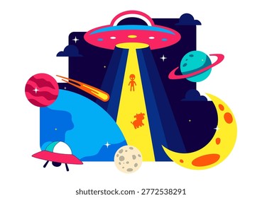 World UFO Day Vector Illustration Alien Spaceship Abduction Scene In Outer Space With Planets Night Sky Sci Fi Theme Modern Flat Design