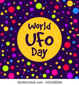 World UFO Day. Vector illustration with night sky, moon and colorful stars