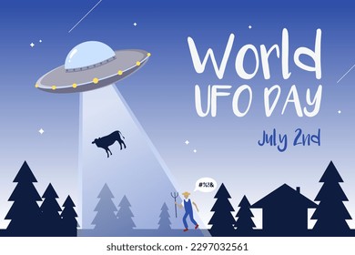 World UFO day vector poster depicting a flying saucer abducting a farmer's cow. Flying saucer abducts a cow with the trees and star sky in the background.