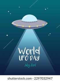 World UFO day vector poster with a flying saucer and World UFO day inscription on the star sky background.