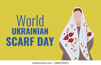 World Ukrainian Scarf Day. Horizontal poster on a yellow background. Silhouette of a girl in a headscarf