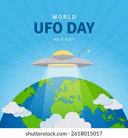 World Unidentified Object Day July 02nd with UFO and globe illustration on sunburst background