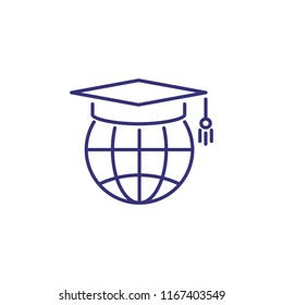 World university line icon. Graduation cap on globe. Education concept. Can be used for topics like online learning, student exchange, distance training