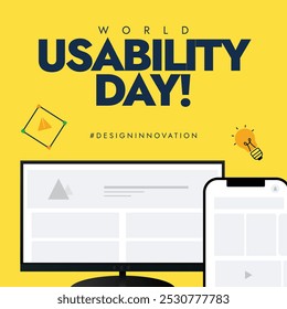 World Usability day. World UX day celebration banner with monitor screen, smartphone screen with prototypes, bulb icon. The day encourages designers, developers to focus on the needs of users.