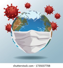 world using face mask with covid19 particles vector illustration design