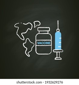 World vaccination chalk icon. Health care, worldwide vaccination. Necessarily fight against covid19. Stop coronavirus pandemic. Isolated vector illustration on chalkboard