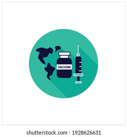 World vaccination flat icon. Health care, worldwide vaccination. Necessarily fight against covid19. Stop coronavirus pandemic.Covid19 disease concept. Vector illustration