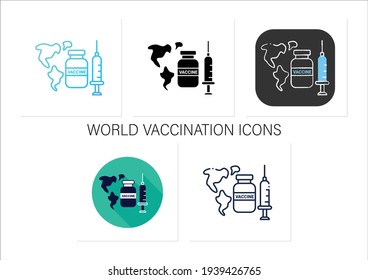 World vaccination icons set. Health care, worldwide vaccination. Necessarily fight against covid19.Collection of icon in liner, glyph, chalk, gradient, flat styles.Isolated vector illustrations