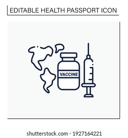 World vaccination line icon. Health care, worldwide vaccination. Necessarily fight against covid19. Stop coronavirus pandemic.Covid19 disease concept. Isolated vector illustration. Editable stroke