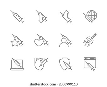 World vaccination line icons set. Population vaccination, immunity, injection, medical syringe, preventive measures and more.