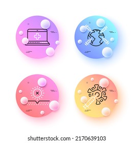 World vaccination, No sun and Medical help minimal line icons. 3d spheres or balls buttons. Coronavirus vaccine icons. For web, application, printing. Vector