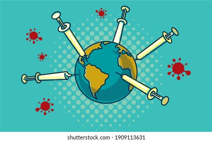 World vaccination vector banner. COVID-19 Coronavirus vaccine syringes needles are injected around planet Earth.