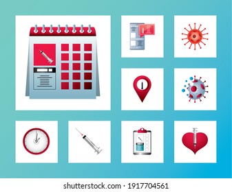 world vaccine covid 19 coronavirus schedule time clock syringe report icons vector illustration