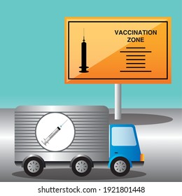 world vaccine covid 19 coronavirus truck and vaccination zone vector illustration