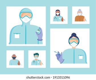 world vaccine icons charatcers doctors patient syringe vaccination vector illustration