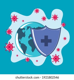 world vaccine, shield protection against covid 19 vector illustration