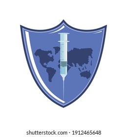 world vaccine, shield syringe protection against covid 19 vector illustration