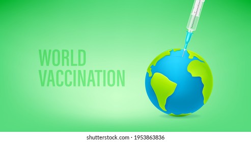 World vaccniation concept. Banner with syringe and globe. Vaccine injection