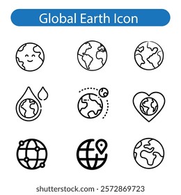 World vector art icon set, Earth icons, set Earth globe hemispheres with continents, globes with world maps on white background.