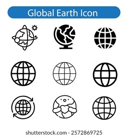 World vector art icon set, Earth icons, set Earth globe hemispheres with continents, globes with world maps on white background.