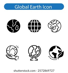 World vector art icon set, Earth icons, set Earth globe hemispheres with continents, globes with world maps on white background.