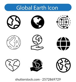 World vector art icon set, Earth icons, set Earth globe hemispheres with continents, globes with world maps on white background.