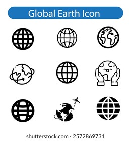 World vector art icon set, Earth icons, set Earth globe hemispheres with continents, globes with world maps on white background.