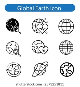 World vector art icon set, Earth icons, set Earth globe hemispheres with continents, globes with world maps on white background.