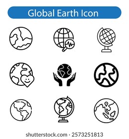 World vector art icon set, Earth icons, set Earth globe hemispheres with continents, globes with world maps on white background.